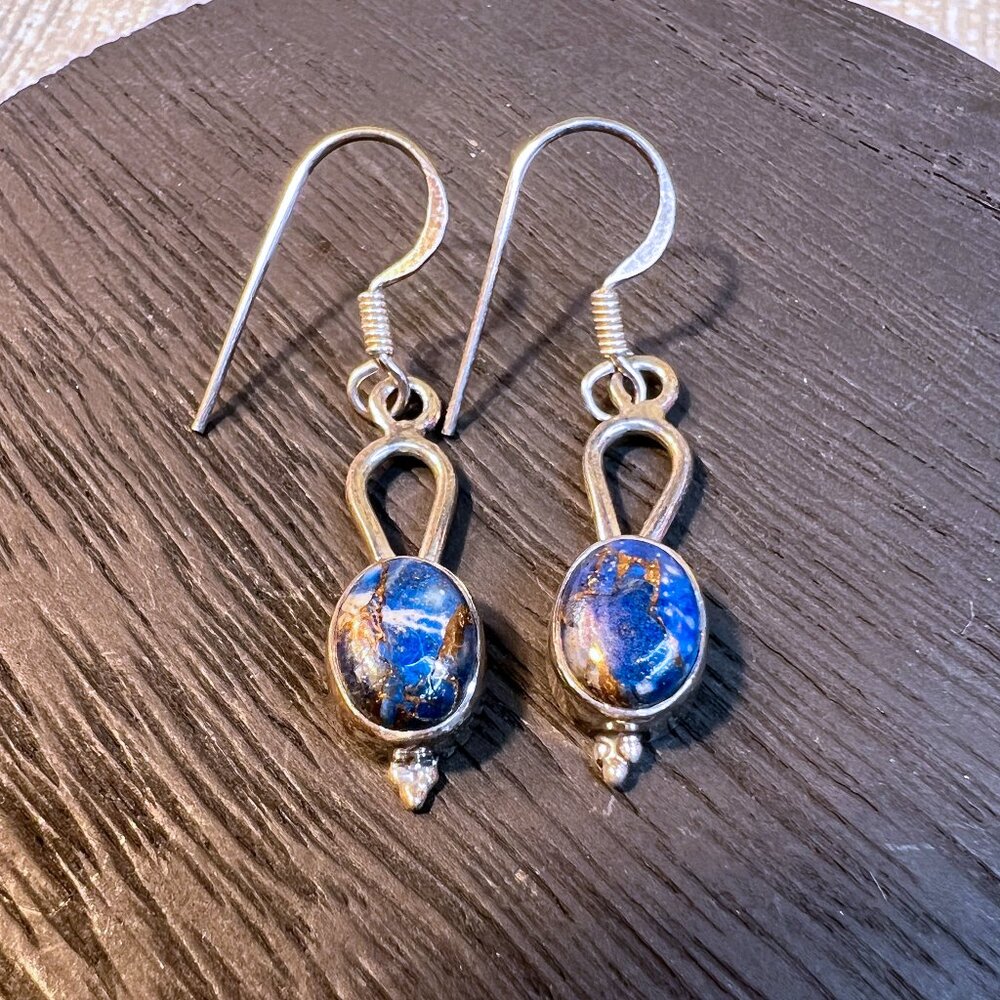 Copper Lapis Dangle Earrings Set in 925 Sterling